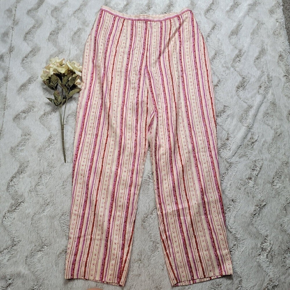Adrianna Papell 100% Silk Shell Beaded Cream Pink Stripe Pants Size 16